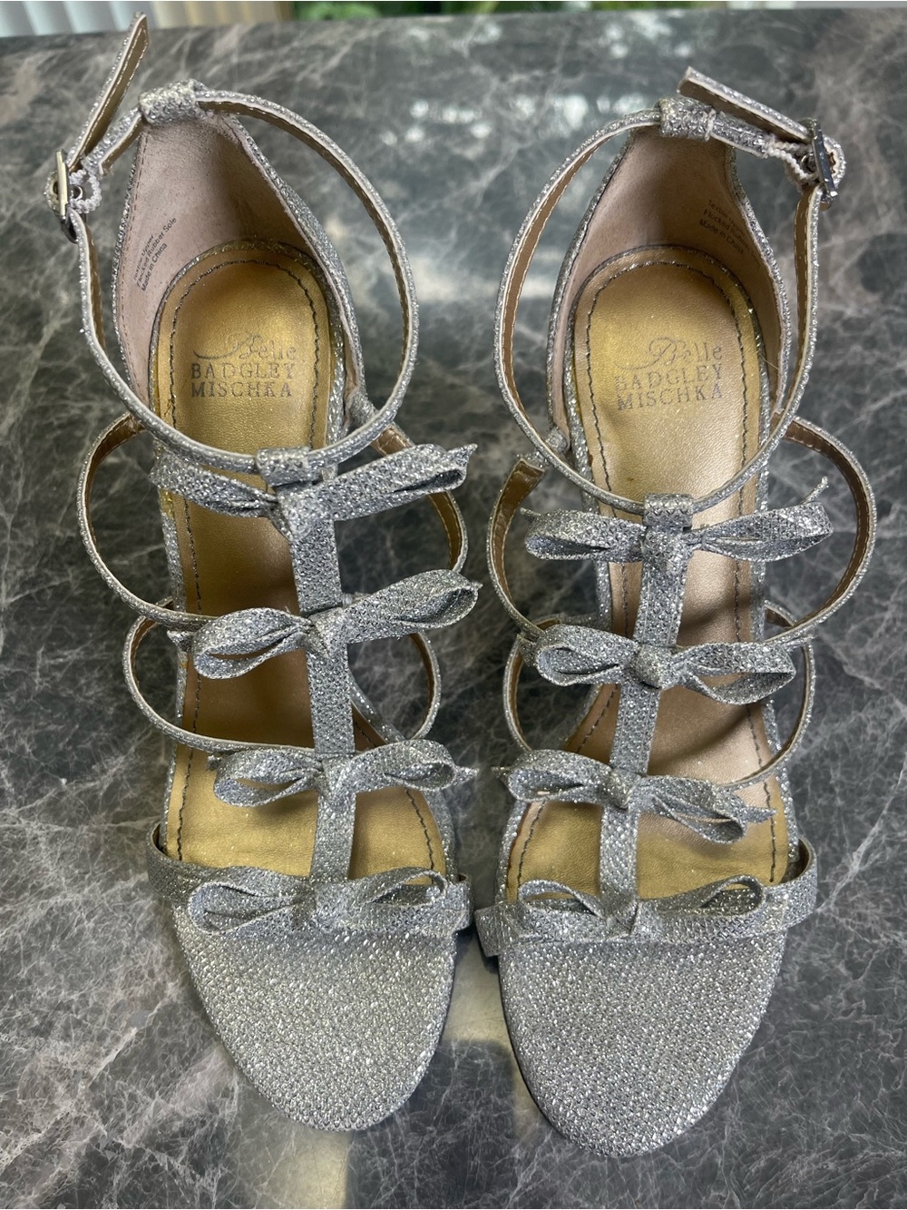 Badgley Mischka Silver Glitter Bow Strappy Heels